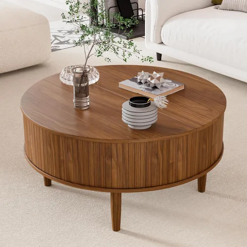 Vista 3 de Mesa de centro redonda acanalada con tapa elevable y almacenamiento, mesa de centro moderna de mediados de siglo para sala de estar, espacio pequeño