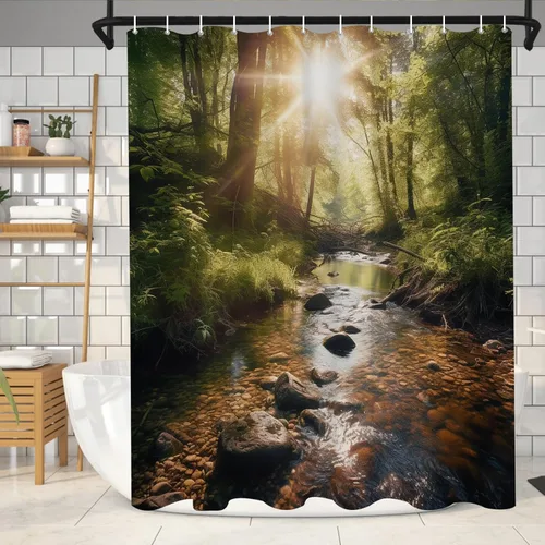 Vista 2 de Cortina de ducha verde salvia, planta de montaña, árbol de agua, sol, roca, escalón, naturaleza, juego de decoración de baño, lavable a máquina