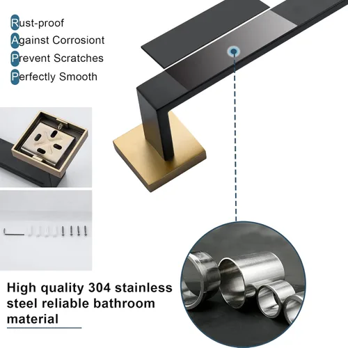 Vista 6 de Juego de 4 soportes para toallas de baño, juego de accesorios de baño de acero inoxidable negro y dorado, montaje en pared, 23.6 pulgadas
