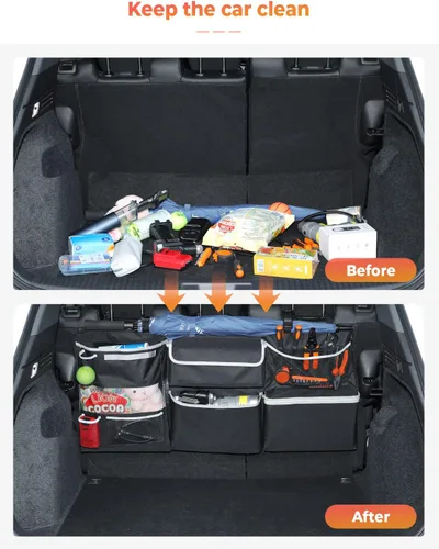 Vista 2 de Oasser Organizador de almacenamiento para automóvil, nueva versión, organizador colgante para maletero con 10 bolsas de almacenamiento funcionales