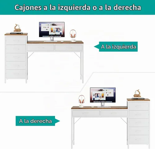 Vista 4 de Escritorio para computadora de 55 pulgadas con cajón reversible, marrón claro y blanco