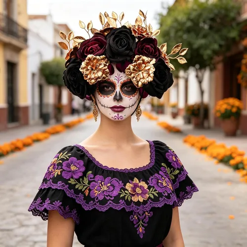 Vista 5 de Diadema de flores de La Catrina, disfraz de Halloween, corona de halo Negro Uva