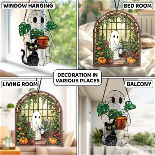 Vista 5 de 2 bonitos atrapasoles de decoración de Halloween, 6 pulgadas, espeluznante planta fantasma, para colgar en la ventana, fantasma con gato negro