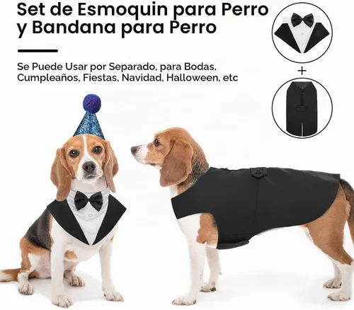 Vista 2 de Kuoser Conjunto de esmoquin para perro, traje de perro y bandana, disfraz Negro