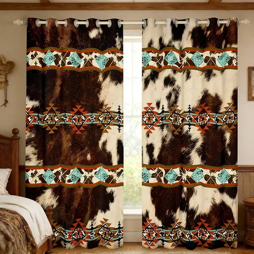 Vista 46 de Cortinas opacas de estilo bohemio occidental de 76 x 45 pulgadas, cortinas y cortinas de atrapasueños de vaca, cortinas del suroeste, cortinas