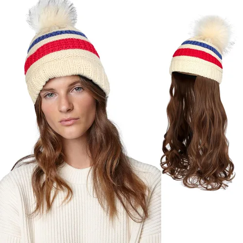 Vista 33 de AynnQueen - Gorro de invierno con extensiones de cabello desmontables para mujer.