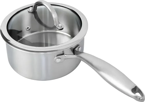 Vista 10 de Cacerola de acero inoxidable de 1.5 cuartos de galón con cesta de vapor, construcción de tres capas 18/10, sartén versátil con tapa de vidrio