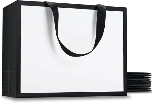 Vista 12 de Bolsas de regalo negras con asas, 10 bolsas de papel kraft de 5.25 x 3.75 x 8 pulgadas para bodas, fiestas, negocios, venta al por menor Negro