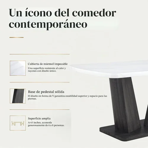 Vista 8 de Mesa de comedor de mármol, mesa de comedor moderna de 63 pulgadas, mesa de comedor blanca para 4-6, mesa de cocina de mármol blanco, mesa de comedor