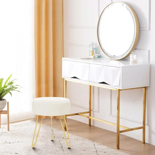 Vista 2 de Reposapiés de terciopelo suave y moderno, reposapiés redondo, otomano, con patas de metal dorado y relleno de esponja, reposapiés tapizado, sala