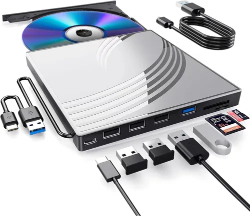 Vista 8 de BPAKDU Unidad externa de CD/DVD para laptop, grabadora de CD ultra delgada, concentrador USB 3.0 con 4 puertos USB, 2 ranuras para tarjetas TF/SD, 1