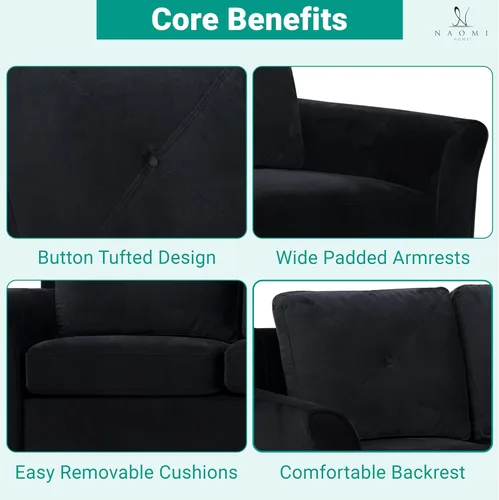 Vista 5 de Naomi Home Raelynn - Sofá de microfibra con botones, color negro Sofá de microfibra con botones de mediados de siglo con marco de madera dura