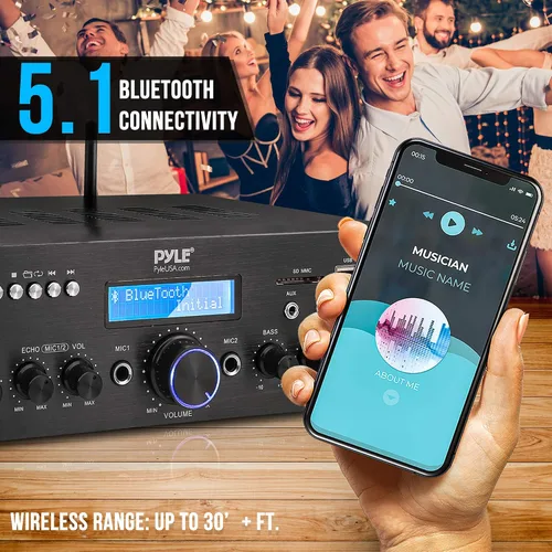 Vista 3 de Pyle Micrófono inalámbrico Amplificador Bluetooth Receptor de audio estéreo - Incluye micrófono inalámbrico, altavoz PA para interiores y exteriores