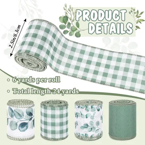 Vista 2 de AnyDesign 4 rollos de cinta de eucalipto con borde con alambre de 24 yardas, cinta decorativa de hojas verdes, cintas de tela para primavera