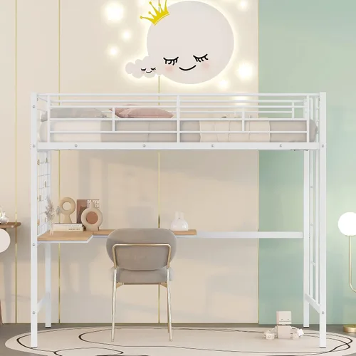 Vista 4 de Harper & Bright Designs Cama tipo loft individual con escritorio y rejilla de metal, marco de cama de metal con barandillas de longitud completa