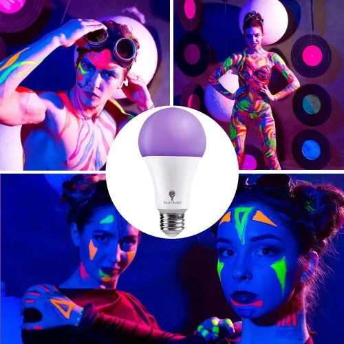 Vista 2 de Bluex Bombillas 6 Pack A21 LED Luz Negra, 16 W (equivalente a 120 W) E26 Luz Negra Nivel 385-400nm, Pintura Corporal, Luz LED de Fiesta que Brilla