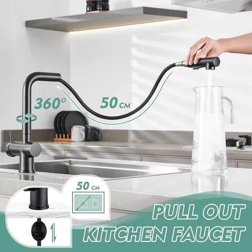 Vista 2 de CREA Grifo de cocina negro con rociador extraíble, grifo de barra de acero inoxidable de una sola manija para lavandería de granja, utilidad al aire