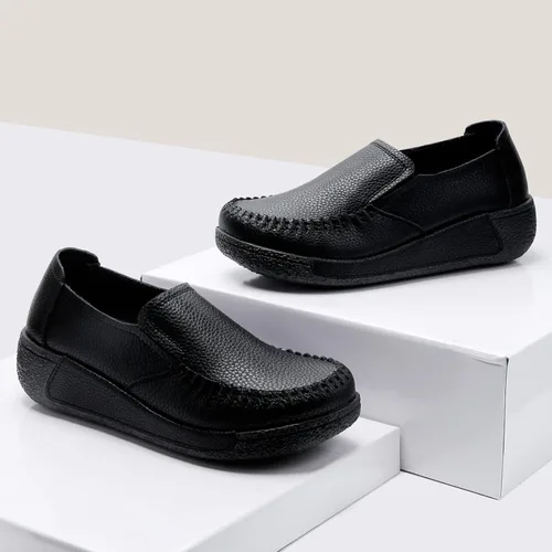 Vista 6 de UZB Mocasines de cuero sin cordones para mujer, cómodos zapatos de plataforma casuales
