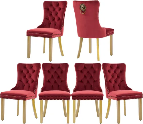 Vista 97 de Juego de 2 sillas de comedor de terciopelo, silla de comedor tapizada de alta gama con tirador de anillo en la espalda, adorno de clavos y patas