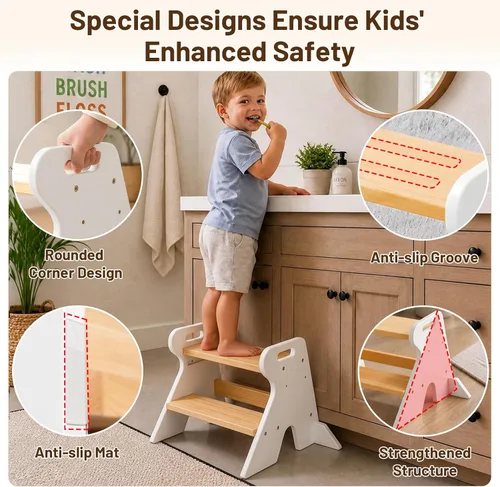Vista 3 de COSYLAND Wooden Toddler Step Stool for Kids Bathroom Kitchen 2 Tier White & Natural