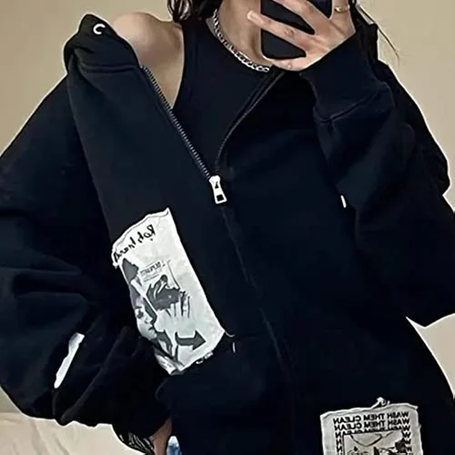Vista 4 de Sudadera con capucha vintage para mujer, sudadera de gran tamaño con estampado de graffiti punk con cremallera para adolescentes, bolsillos estéticos