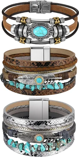 Vista 12 de Inbagi 3 piezas pulsera de turquesa para mujer pulsera de cuero joyería occidental para mujer brazalete plateado tipo pulsera