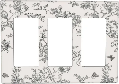 Vista 109 de Cubierta de tomacorriente eléctrico dúplex individual estilo campestre con diseño floral de flores y pájaros en blanco y negro, placa de pared de 1