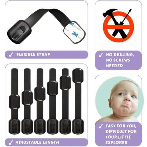 Vista 5 de Oxlay - Cerraduras de seguridad a prueba de bebés, pestillos a prueba de niños para cajones, armarios, armarios, armarios, horno, refrigerador, Negro