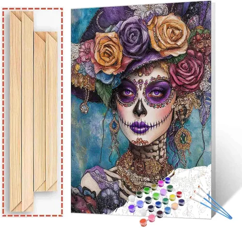 Vista 29 de Tucocoo Decoración del Día de los Muertos, pintura por números, esqueleto para parejas, pintura por números sobre lienzo con pinceles y pigmento