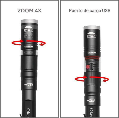 Vista 2 de okcomuy Linterna de Lápiz Recargable IP67 Impermeable con Clip de Bolsillo 4-Zoomable, Linterna de Bolsillo Perfecta para Inspección, Trabajo
