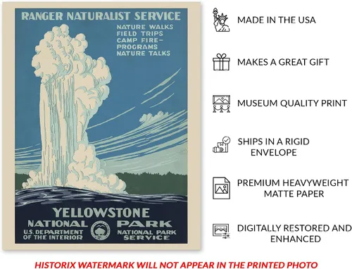 Vista 3 de HISTORIX Póster vintage de viaje del Parque Nacional Yellowstone de 1938, 8 x 10 pulgadas, arte de pared que muestra el viejo géiser fiel