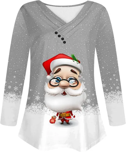 Vista 2 de Suéter de manga larga con botones para mujer, cuello en V, estampado navideño, para ocultar el vientre