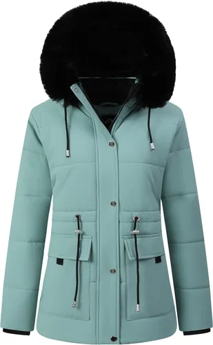 Vista 11 de MOERDENG Abrigo de plumas de invierno cálido para mujer, chaqueta de plumón con forro polar grueso, capucha desmontable de piel sintética, parka