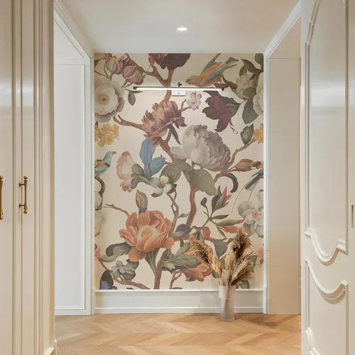 Vista 5 de Zeeko - Mural de papel pintado floral de despegar y pegar, papel pintado de flores beige para dormitorio, fondo de TV, murales de pared grandes