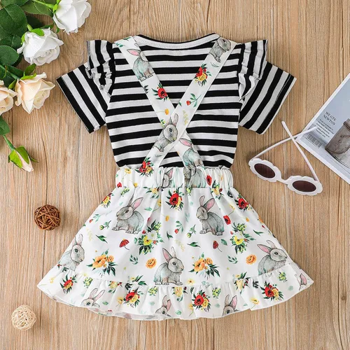 Vista 3 de AIMAOMI Easter Bunny Baby Girls Clothes Outfits Ruffle Short Sleeve Top Shirt + Suspender Skirt Set for Toddler Kids