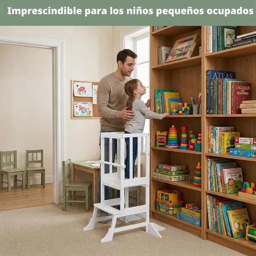 Vista 9 de COSYLAND Torre de pie para niños pequeños, taburete de cocina de altura Blanco