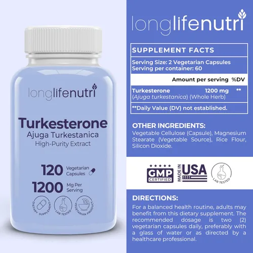 Vista 2 de LongLifeNutri Turkesterone 1200mg - Ajuga Turkestanica de alta pureza para fuerza, recuperación y crecimiento muscular, 120 cápsulas vegetarianas
