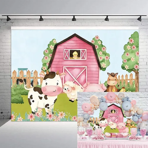 Vista 6 de Fondo de dibujos animados de 5 x 3 pies para fiesta de animales de granja, granero rosa, baby shower, cumpleaños, fotografía, fondo, tierras
