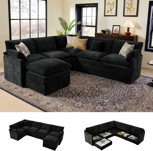 Vista 37 de Ihanherry Sofá modular de 103 pulgadas con almacenamiento, sofá de nube en forma de U con otomanas móviles y 4 almohadas, sofás seccionales