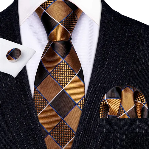 Vista 35 de Barry.Wang Juego de corbatas a cuadros para hombre con pañuelo gemelos de rayas clásicas