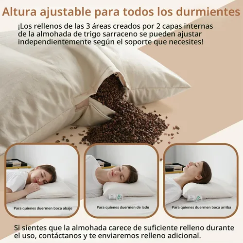 Vista 5 de Almohada de trigo sarraceno con funda de almohada de algodón orgánico, almohada de trigo sarraceno orgánico de 20 x 26 pulgadas con caja deflectora