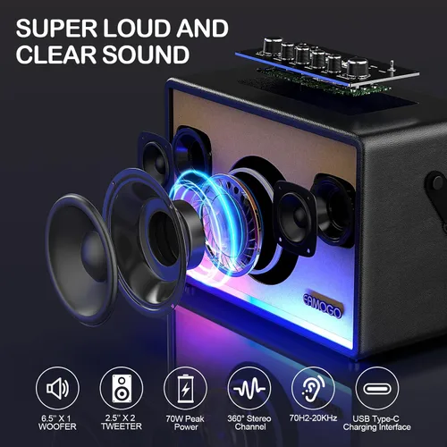Vista 2 de Altavoz Bluetooth portátil con 2 micrófonos inalámbricos, gabinete de madera de abedul de graves profundos de 70 W, sistema PA Bluetooth para Negro