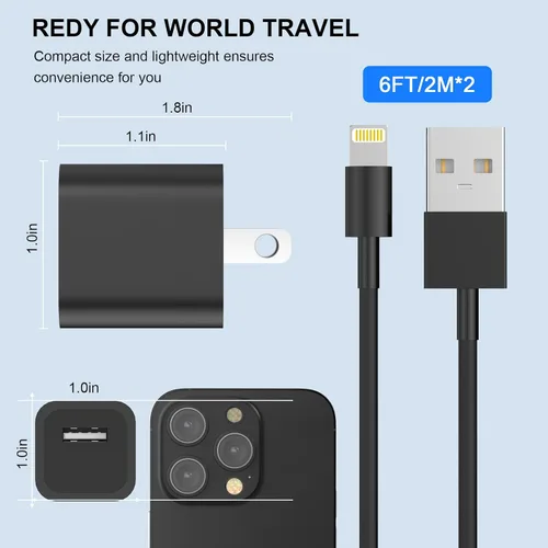 Vista 2 de Cargador de iPhone, [certificado MFi] Paquete de 2 cables Lightning de 6 pies de sincronización de datos con 2 cargadores de pared USB adaptador