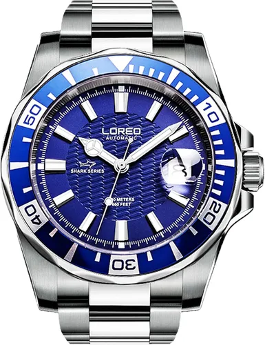 Vista 3 de LOREO Mens GMT plata acero inoxidable zafiro cristal azul giratorio bisel azul dial relojes automáticos