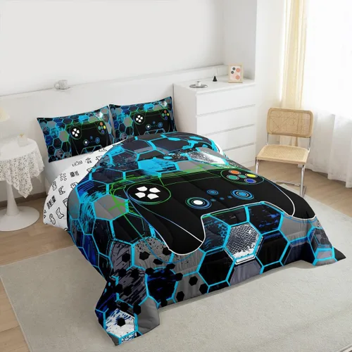 Vista 5 de Manfei Juego de edredón moderno de 2 piezas con estampado de consola de videojuegos de panal azul con 1 funda de almohada, juego de ropa de cama