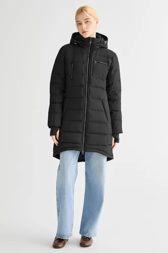 Vista 7 de Orolay - Abrigo de invierno para mujer con plumón, largo, acolchado, con capucha, ajuste delgado Negro
