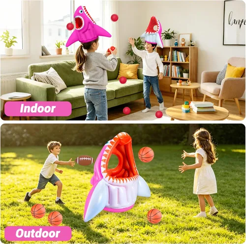 Vista 4 de Juguetes inflables de aro de baloncesto 3 en 1 con forma de tiburón para piscina, baloncesto, fútbol y cabeza, juegos de piscina acuática