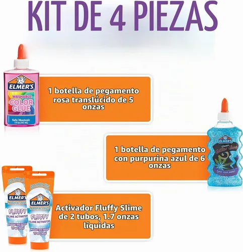 Vista 2 de Elmer's Kit de slime esponjoso, incluye pegamento de color translúcido, pegamento con purpurina, activador de slime esponjoso, 4 unidades, perfecto