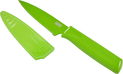 Vista 8 de Kuhn Rikon COLORI Cuchillo de pelar recto y dentado con funda de seguridad, hoja de 4 pulgadas, juego de 2, verde y amarillo