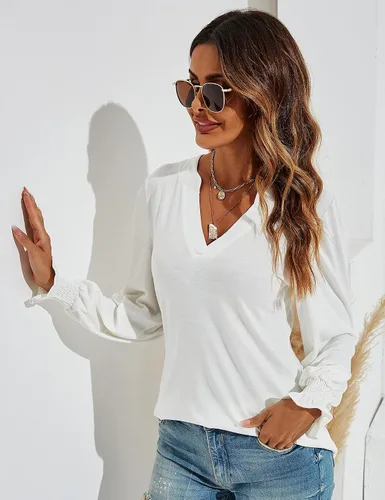Vista 5 de Romanstii Camisetas casuales con cuello en V para mujer, blusas sueltas de manga larga abombada, plateado